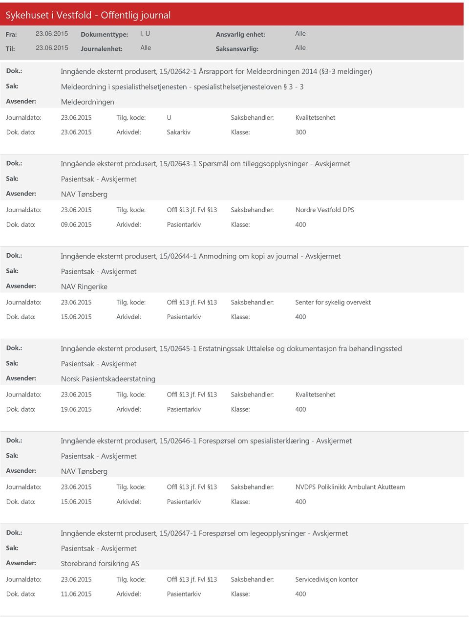 2015 Arkivdel: Pasientarkiv Inngående eksternt produsert, 15/02644-1 Anmodning om kopi av journal - Pasientsak - NAV Ringerike Senter for sykelig overvekt Dok. dato: 15.06.