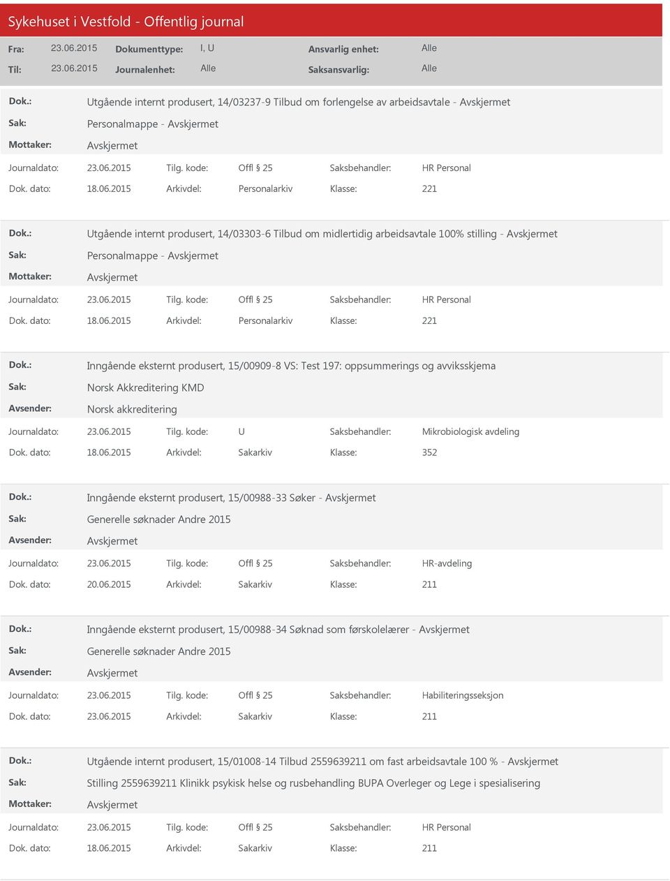 2015 Arkivdel: Personalarkiv Inngående eksternt produsert, 15/00909-8 VS: Test 197: oppsummerings og avviksskjema Norsk Akkreditering KMD Norsk akkreditering U Mikrobiologisk avdeling Dok. dato: 18.