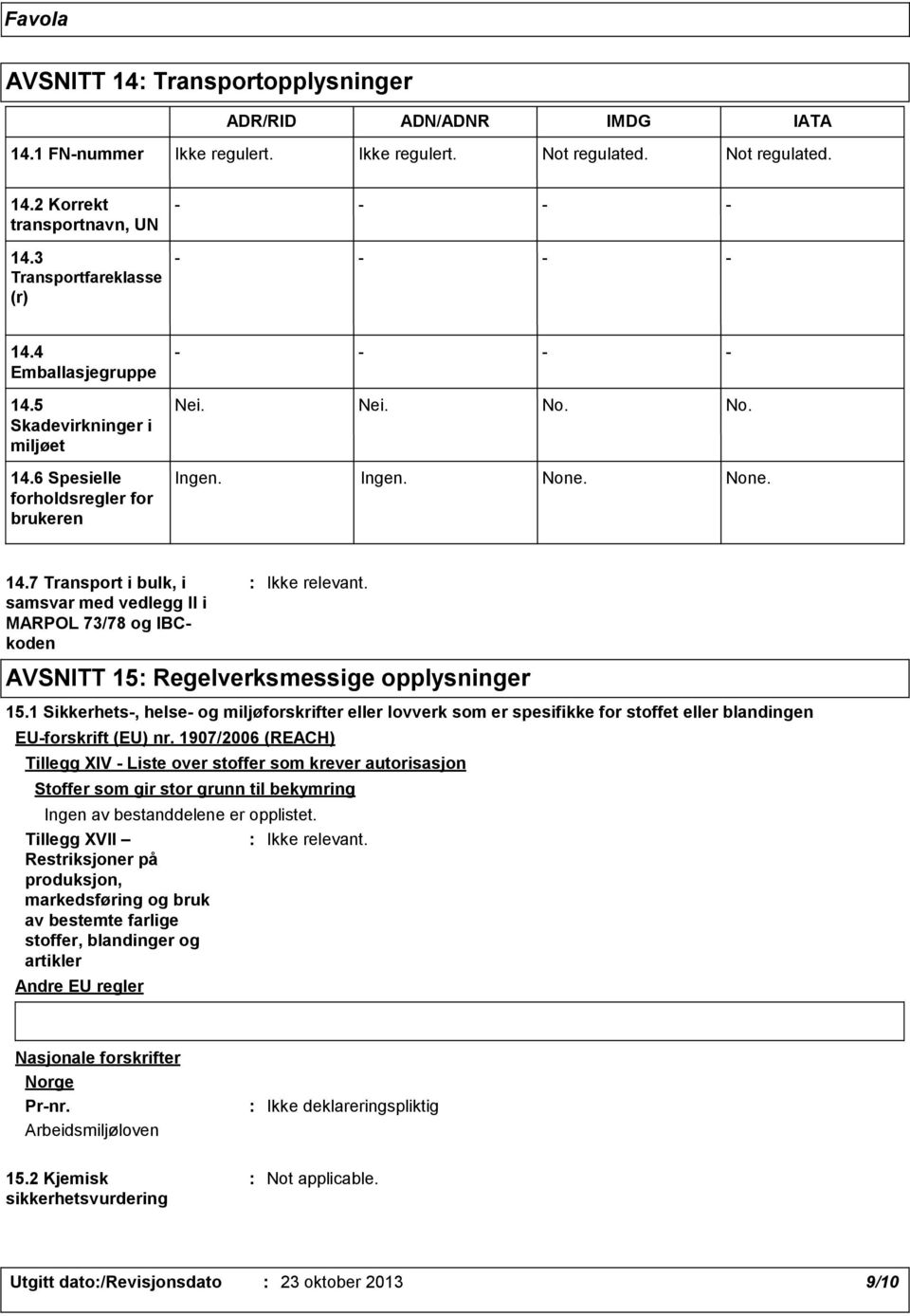 AVSNITT 15 Regelverksmessige opplysninger 15.1 Sikkerhets, helse og miljøforskrifter eller lovverk som er spesifikke for stoffet eller blandingen EUforskrift (EU) nr.