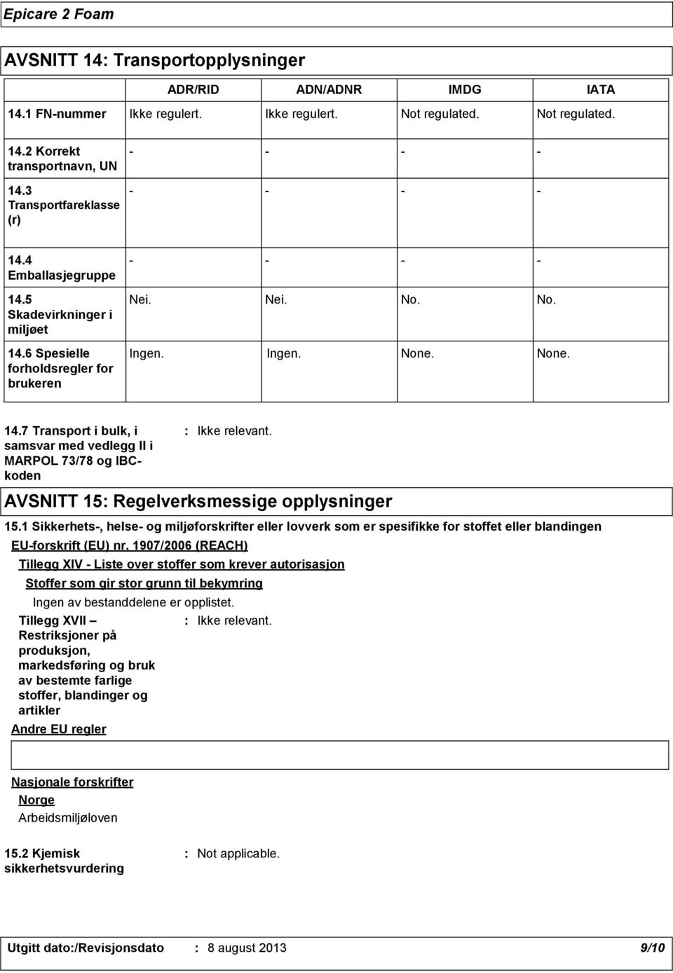 1 Sikkerhets, helse og miljøforskrifter eller lovverk som er spesifikke for stoffet eller blandingen EUforskrift (EU) nr.