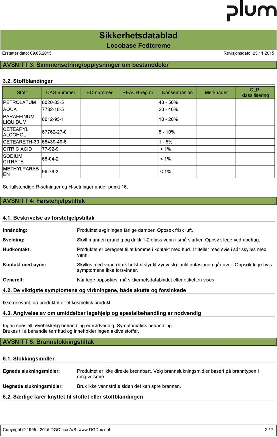 SODIUM CITRATE METHYLPARAB EN 68-04-2 < 1% 99-76-3 < 1% CLPklassifisering Se fullstendige R-setninger og H-setninger under punkt 16. AVSNITT 4: Førstehjelpstiltak 4.1. Beskrivelse av førstehjelpstiltak Innånding: Svelging: Hudkontakt: Kontakt med øyne: Generelt: Produktet avgir ingen farlige damper.