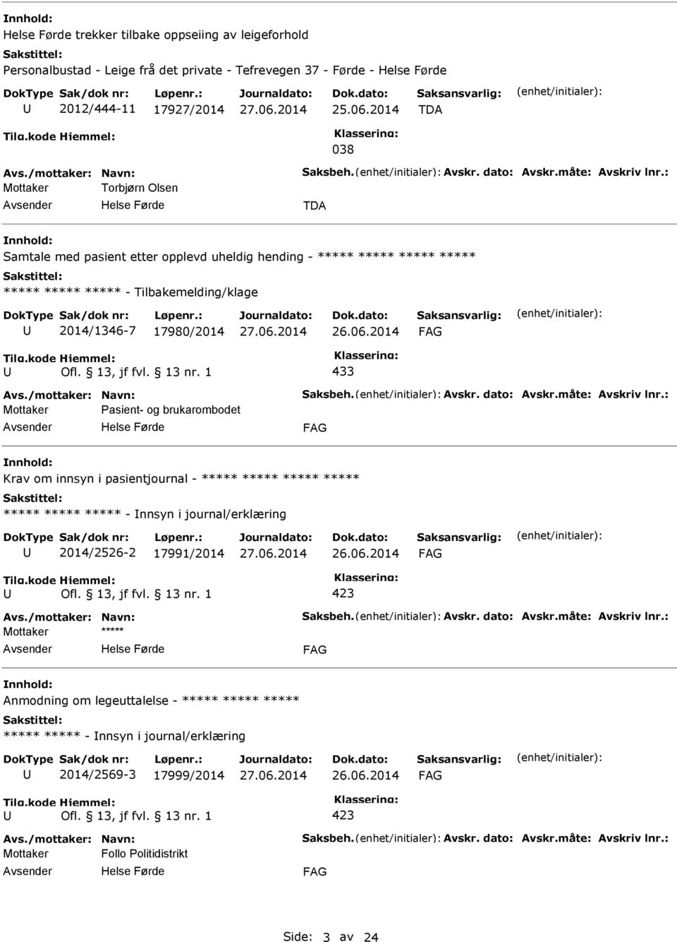 2014/1346-7 17980/2014 433 Mottaker asient- og brukarombodet Krav om innsyn i pasientjournal - ***** ***** ***** ***** ***** ***** ***** - nnsyn i