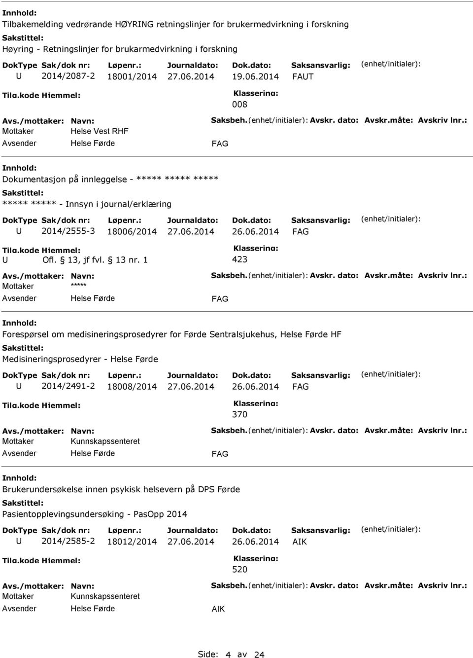 2014 FAT 008 Mottaker Helse Vest RHF Dokumentasjon på innleggelse - ***** ***** ***** ***** ***** - nnsyn i journal/erklæring 2014/2555-3 18006/2014