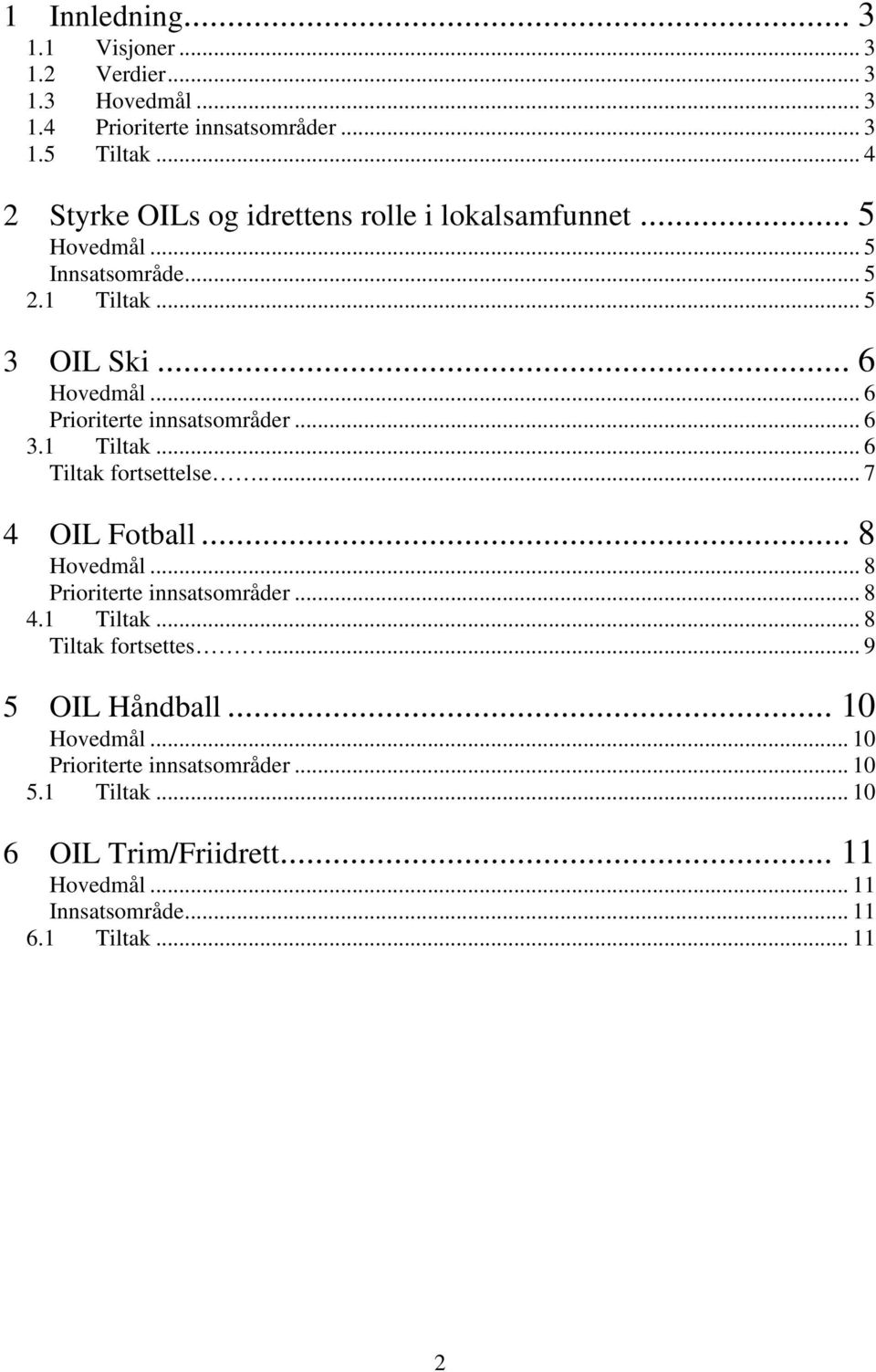 .. 6 Prioriterte innsatsområder... 6 3.1 Tiltak... 6 Tiltak fortsettelse... 7 4 OIL Fotball... 8 Hovedmål... 8 Prioriterte innsatsområder... 8 4.