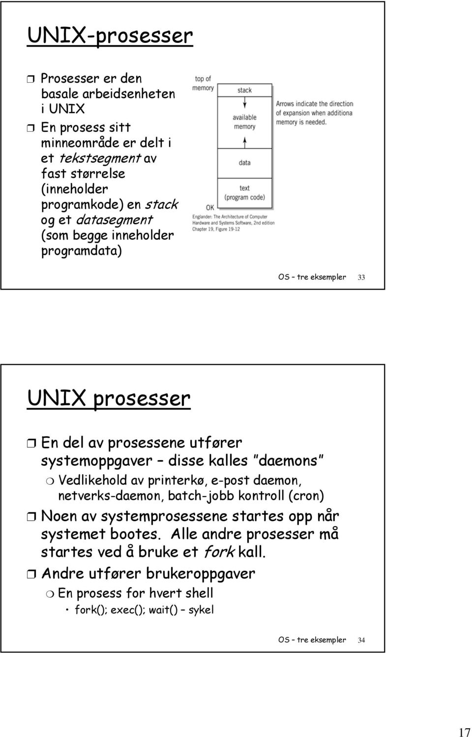 disse kalles daemons Vedlikehold av printerkø, e-post daemon, netverks-daemon, batch-jobb kontroll (cron) Noen av systemprosessene startes opp når systemet