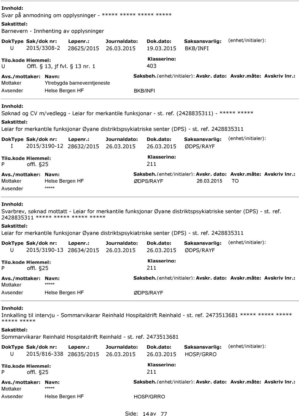 (2428835311) - ***** ***** Leiar for merkantile funksjonar Øyane distriktspsykiatriske senter (DS) - st. ref. 2428835311 2015/3190-12 28632/2015 ØDS/RAYF Avs./mottaker: Navn: Saksbeh. Avskr.