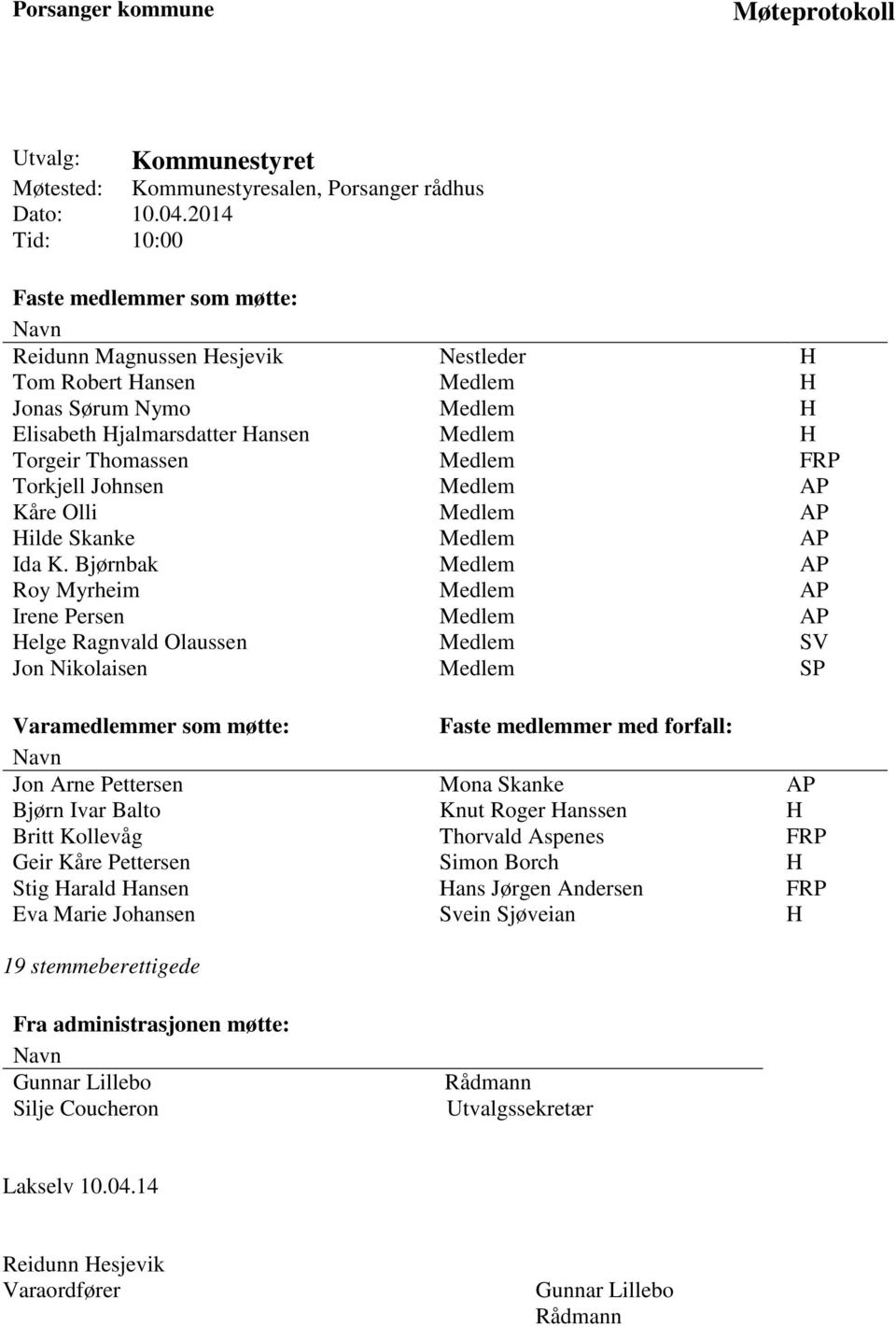 Medlem FRP Torkjell Johnsen Medlem AP Kåre Olli Medlem AP Hilde Skanke Medlem AP Ida K.