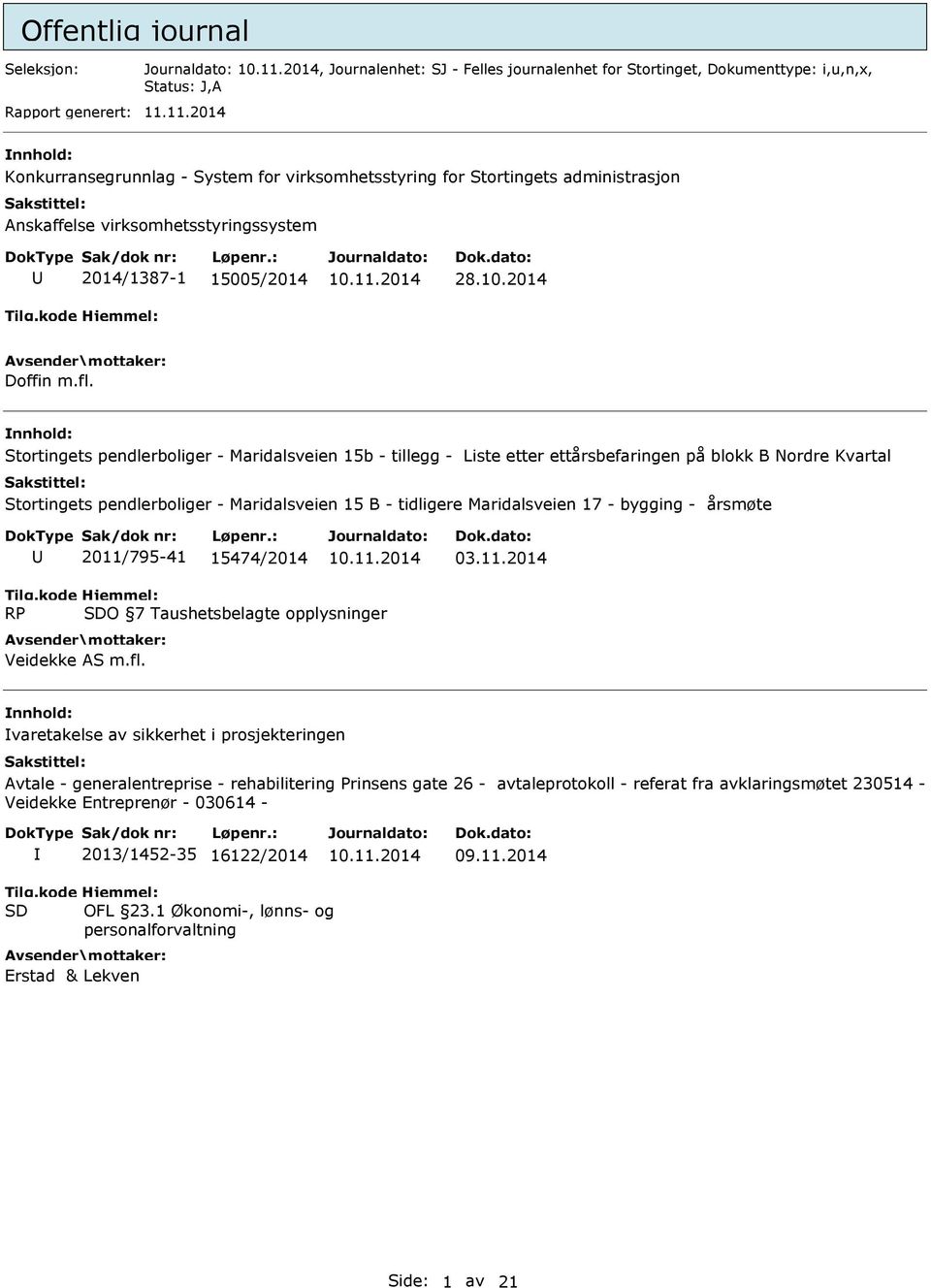 nnhold: Stortingets pendlerboliger - Maridalsveien 15b - tillegg - Liste etter ettårsbefaringen på blokk B Nordre Kvartal Stortingets pendlerboliger - Maridalsveien 15 B - tidligere Maridalsveien 17