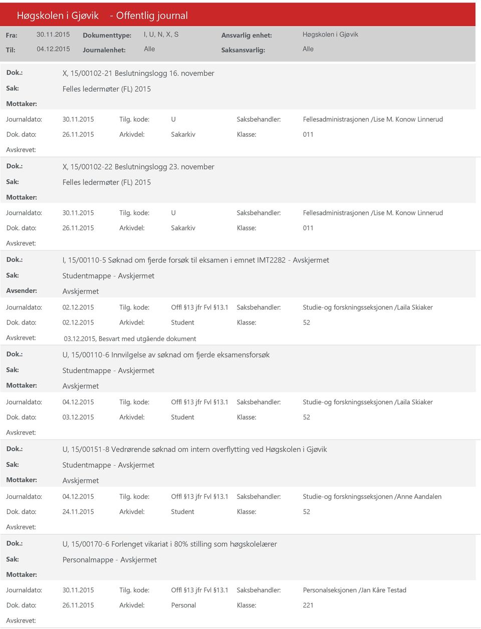 2015 Arkivdel: Student 03.12.2015, Besvart med utgående dokument, 15/00-6 Innvilgelse av søknad om fjerde eksamensforsøk Studie-og forskningsseksjonen /Laila Skiaker Dok.