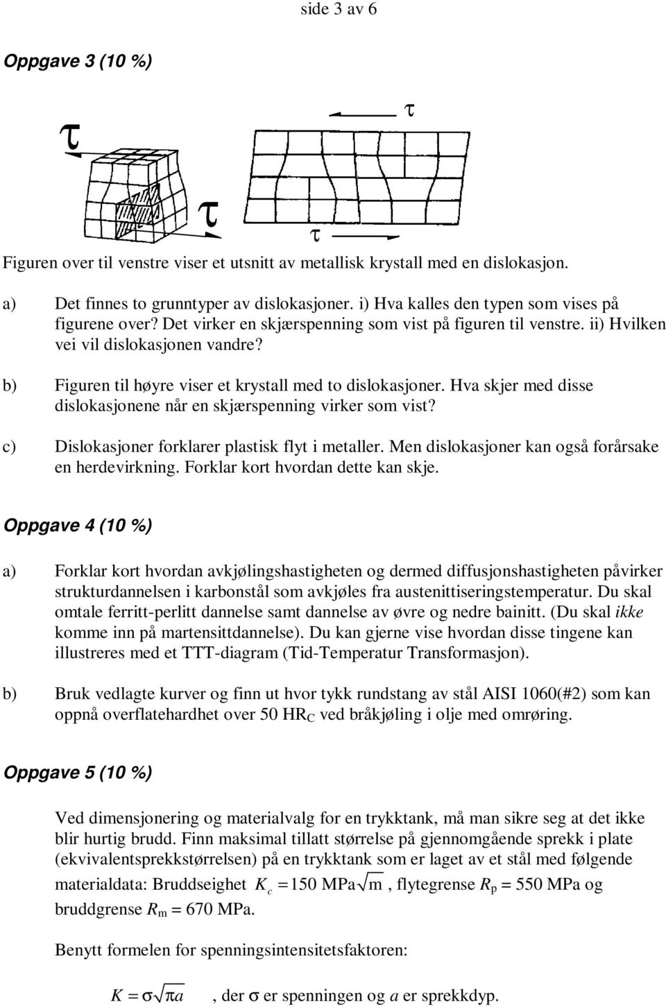 b) Figuren til høyre viser et krystall med to dislokasjoner. Hva skjer med disse dislokasjonene når en skjærspenning virker som vist? c) Dislokasjoner forklarer plastisk flyt i metaller.