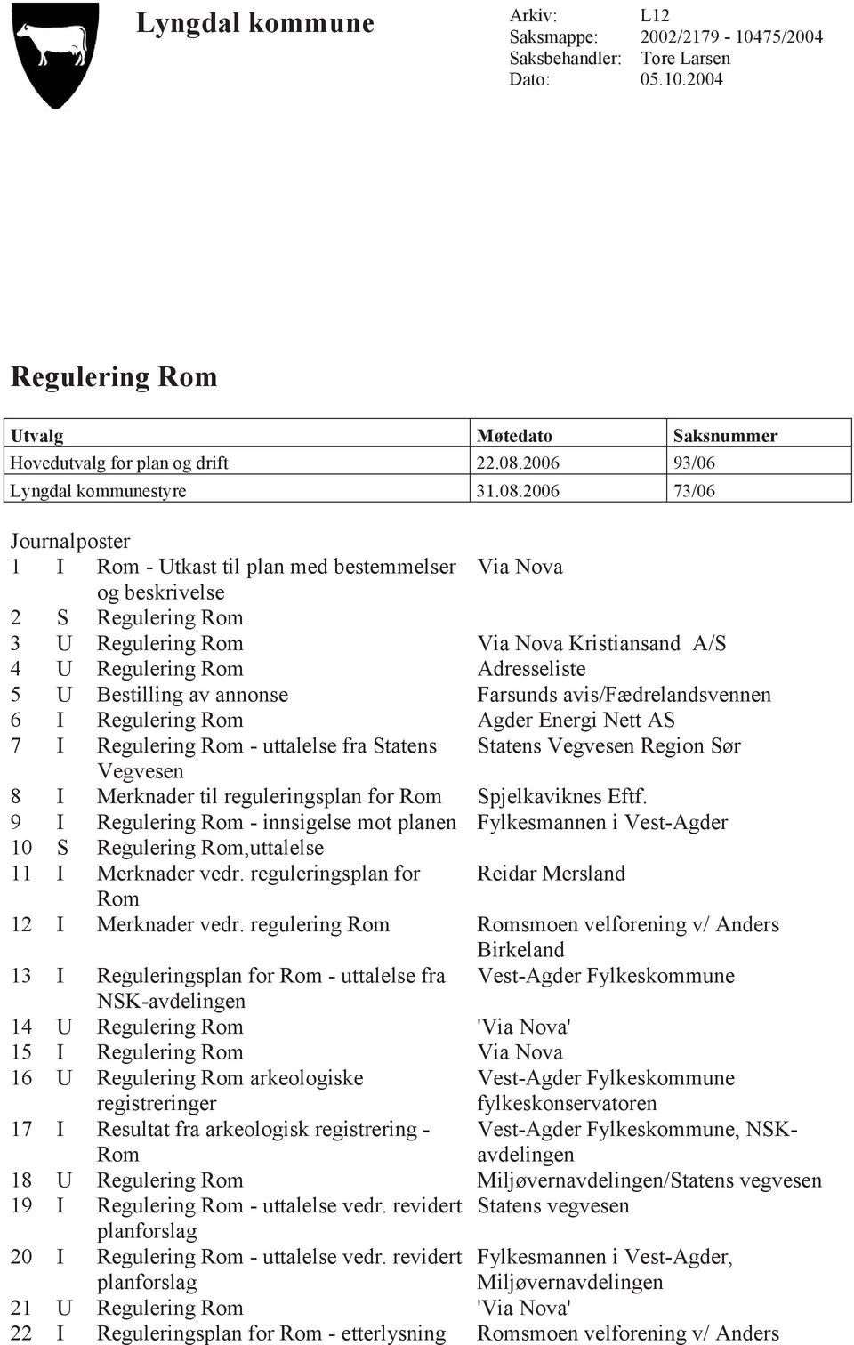 2006 73/06 Journalposter 1 I Rom - Utkast til plan med bestemmelser Via Nova og beskrivelse 2 S Regulering Rom 3 U Regulering Rom Via Nova Kristiansand A/S 4 U Regulering Rom Adresseliste 5 U