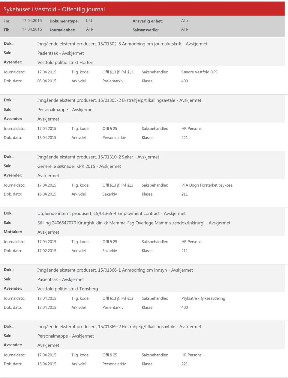 2015 Arkivdel: Personalarkiv Inngående eksternt produsert, 15/01310-2 Søker - Generelle søknader KPR 2015 - PFA Døgn Forsterket psykose Dok. dato: 16.04.