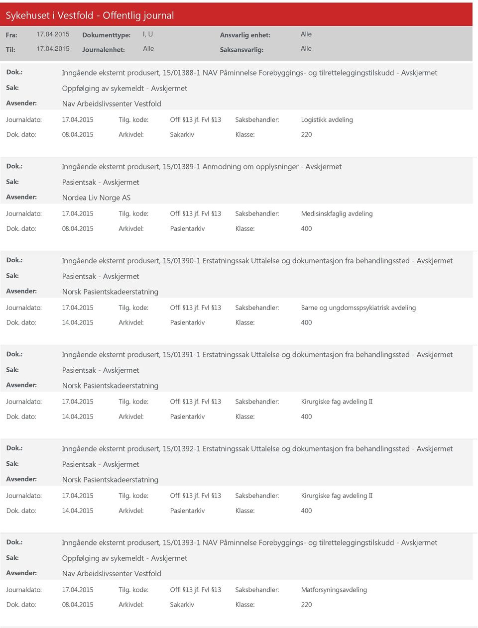 2015 Arkivdel: Pasientarkiv Inngående eksternt produsert, 15/01390-1 Erstatningssak ttalelse og dokumentasjon fra behandlingssted - Pasientsak - Norsk Pasientskadeerstatning Barne og