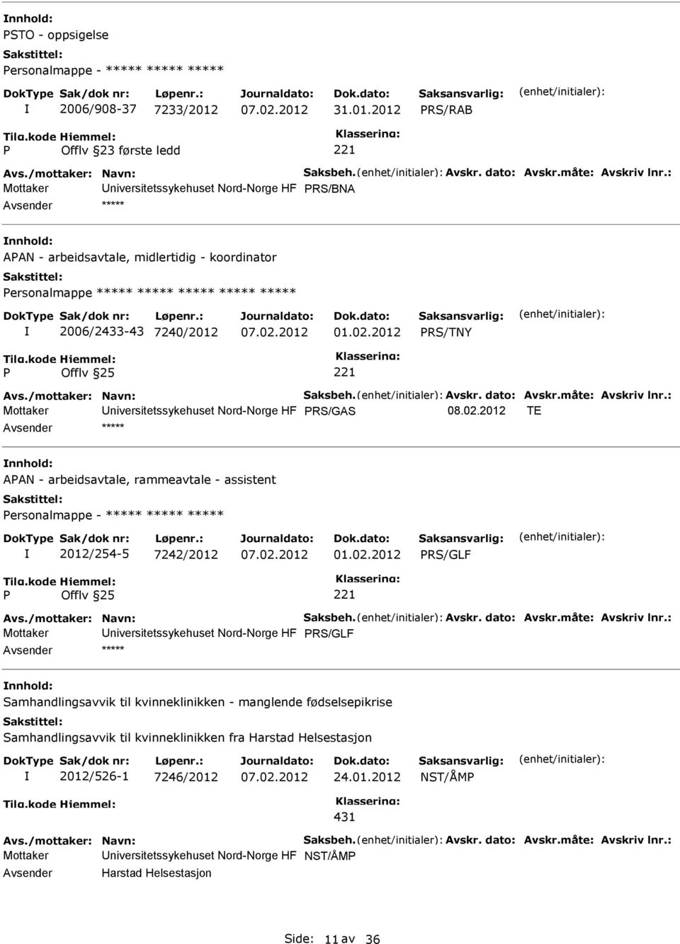 /mottaker: Navn: Saksbeh. Avskr. dato: Avskr.måte: Avskriv lnr.: Mottaker niversitetssykehuset Nord-Norge HF RS/GAS 08.02.