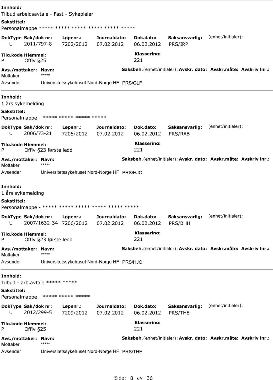 måte: Avskriv lnr.: niversitetssykehuset Nord-Norge HF RS/HJO 1 års sykemelding ersonalmappe - ***** ***** ***** ***** ***** ***** 2007/1632-34 7206/2012 RS/BHH Offlv 23 første ledd Avs.