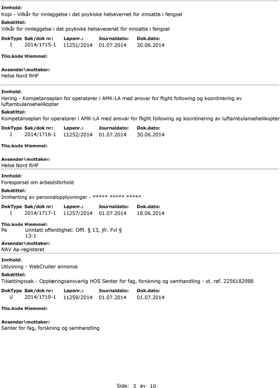 koordinering av luftambulansehelikopter 2014/1716-1 11252/2014 Helse Nord RHF Forespørsel om arbeidsforhold nnhenting av personalopplysninger - ***** ***** ***** 2014/1717-1 11257/2014 18.06.