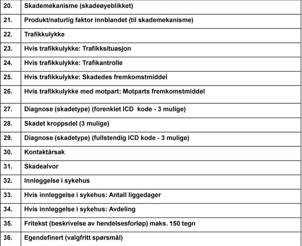 Diagnose (skadetype) (forenklet ICD kode - 3 mulige) 28. Skadet kroppsdel (3 mulige) 29. Diagnose (skadetype) (fullstendig ICD kode - 3 mulige) 30. Kontaktårsak 31.