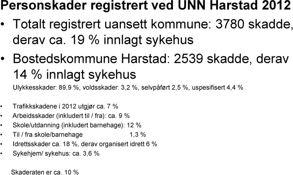 selvpåført 2,5 %, uspesifisert 4,4 % Trafikkskadene i 2012 utgjør ca. 7 % Arbeidsskader (inkludert til / fra): ca.