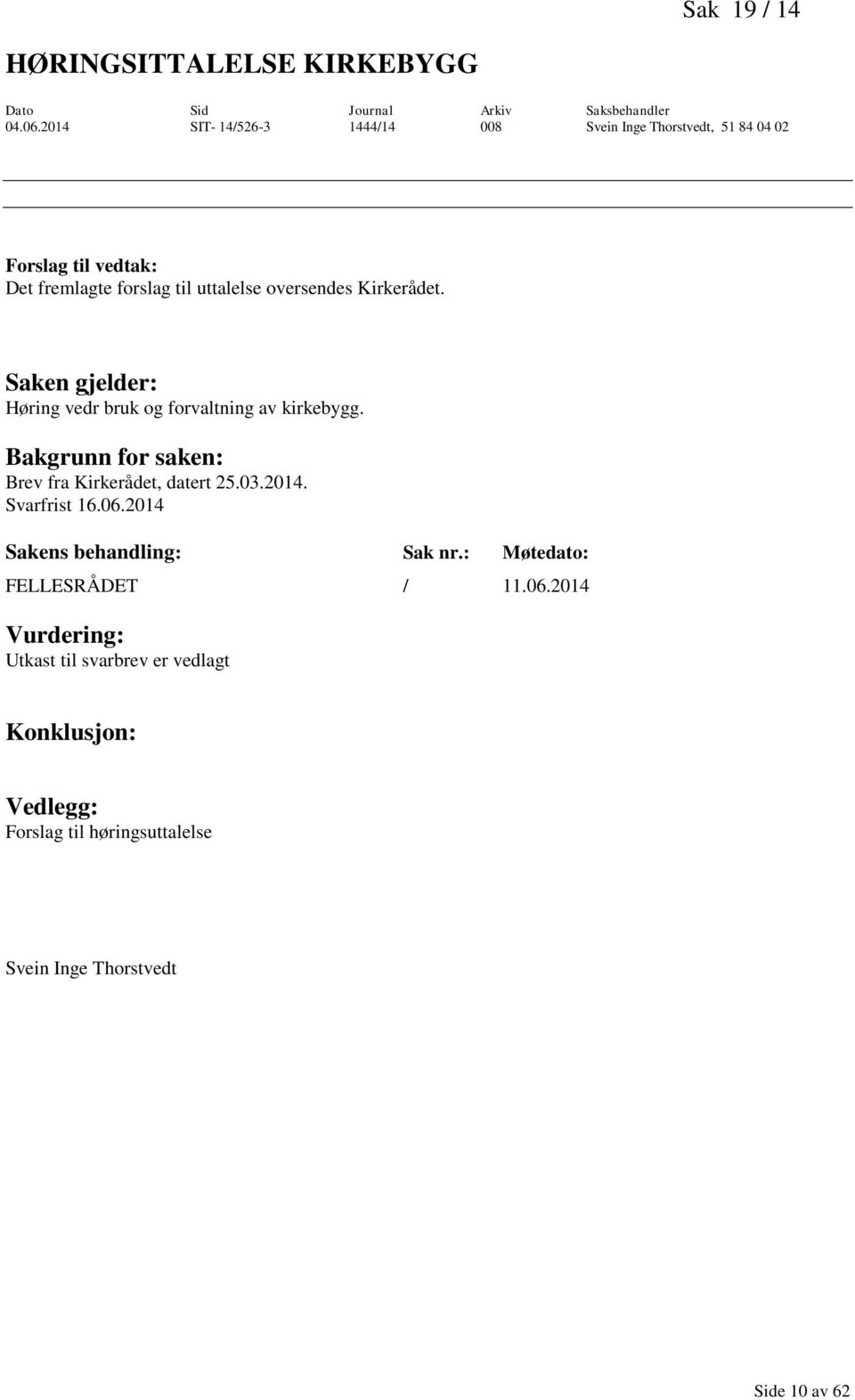 Kirkerådet. Saken gjelder: Høring vedr bruk og forvaltning av kirkebygg. Bakgrunn for saken: Brev fra Kirkerådet, datert 25.03.2014.