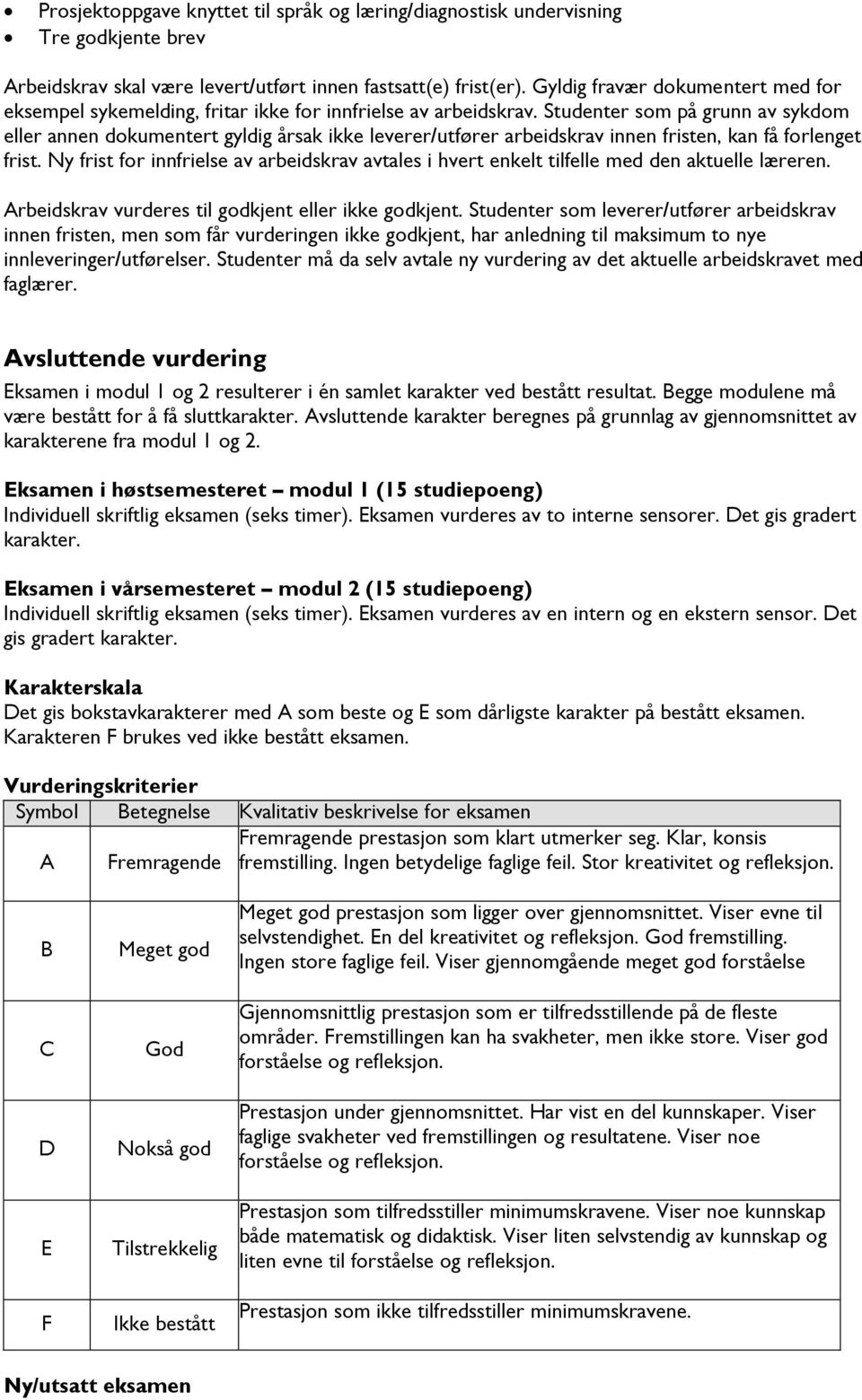 Studenter som på grunn av sykdom eller annen dokumentert gyldig årsak ikke leverer/utfører arbeidskrav innen fristen, kan få forlenget frist.