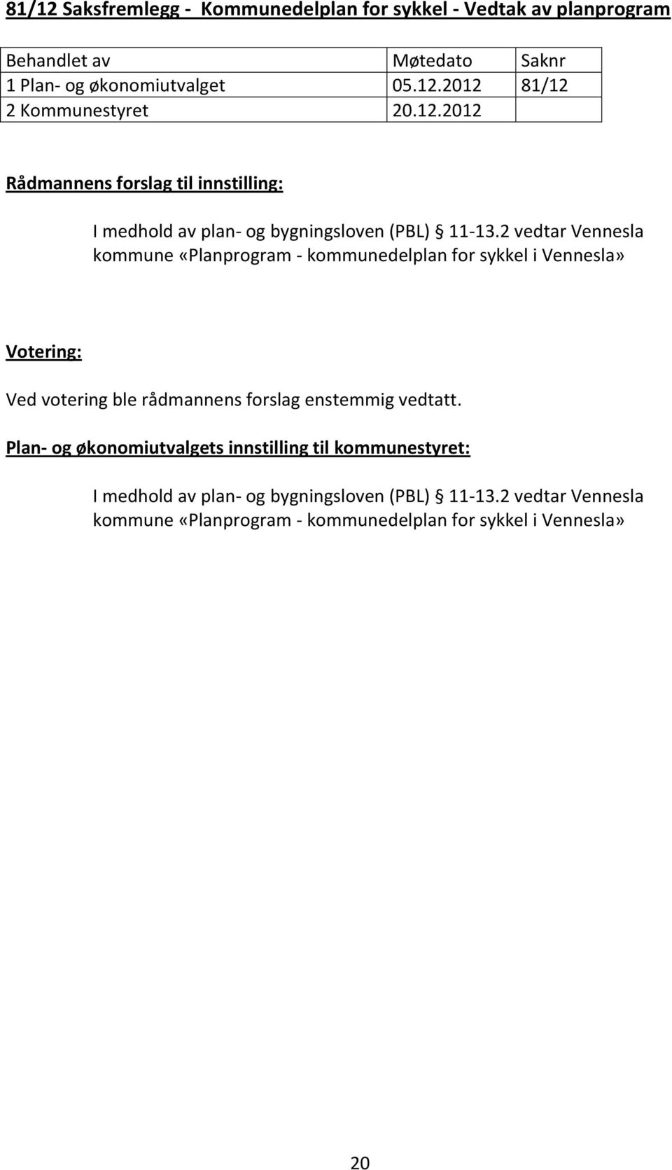 2 vedtar Vennesla kommune «Planprogram - kommunedelplan for sykkel i Vennesla» Votering: Ved votering ble rådmannens forslag enstemmig vedtatt.