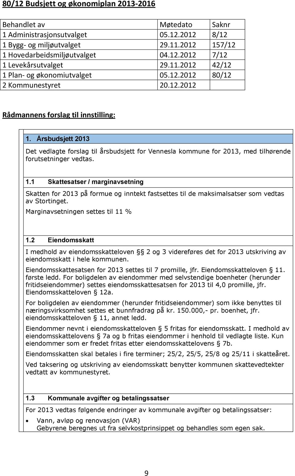 Årsbudsjett 2013 Det vedlagte forslag til årsbudsjett for Vennesla kommune for 2013, med tilhørende forutsetninger vedtas. 1.