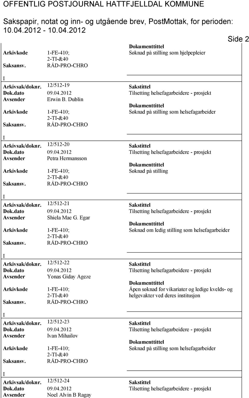 12/512-21 Sakstittel Avsender Shiela Mae G. Egar Søknad om ledig stilling som helsefagarbeider 2-T-&40 Arkivsak/doknr.