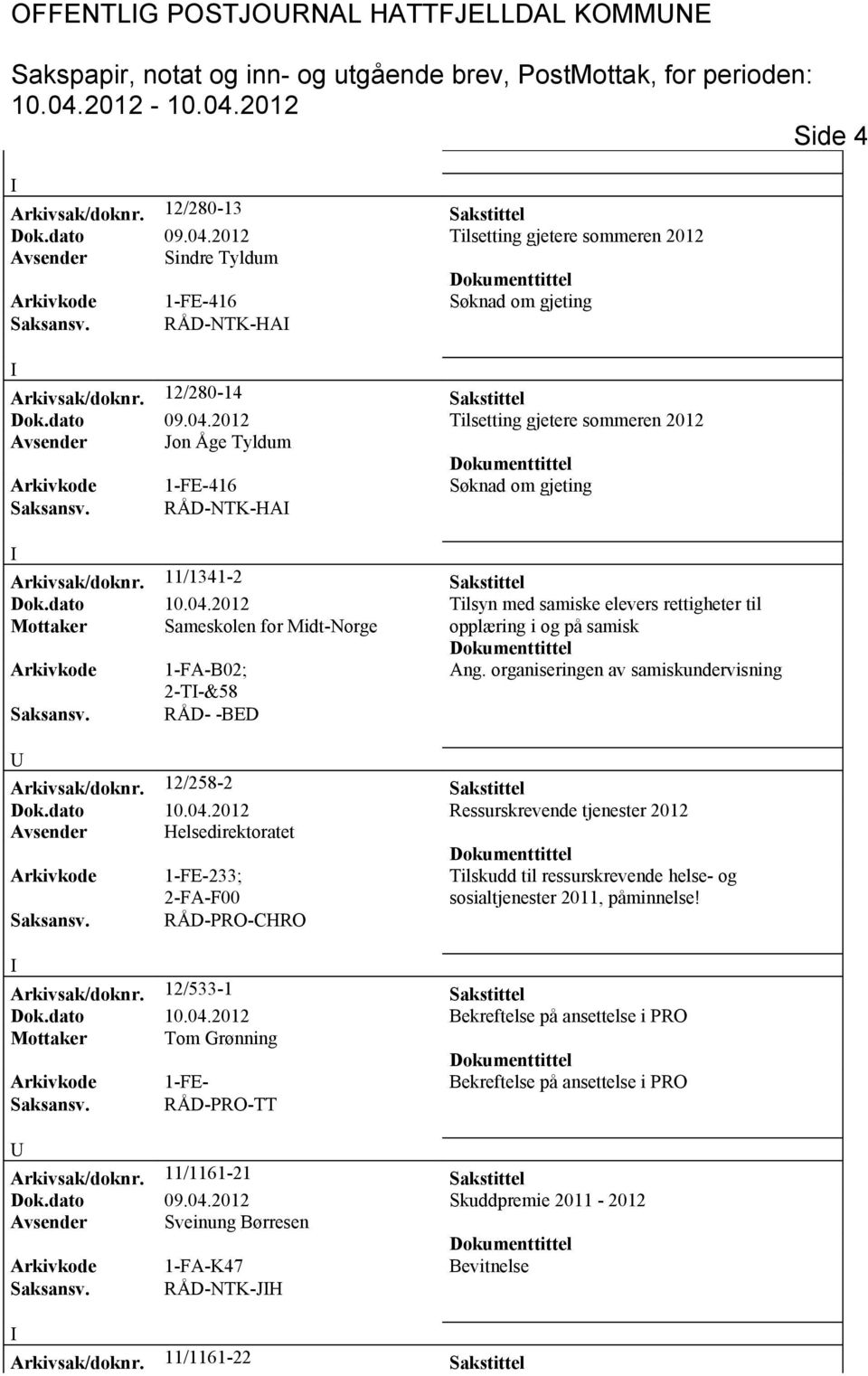 2012 Tilsetting gjetere sommeren 2012 Avsender Jon Åge Tyldum Arkivkode 1-FE-416 Søknad om gjeting Saksansv. RÅD-NTK-HA Arkivsak/doknr. 11/1341-2 Sakstittel Dok.dato 10.04.