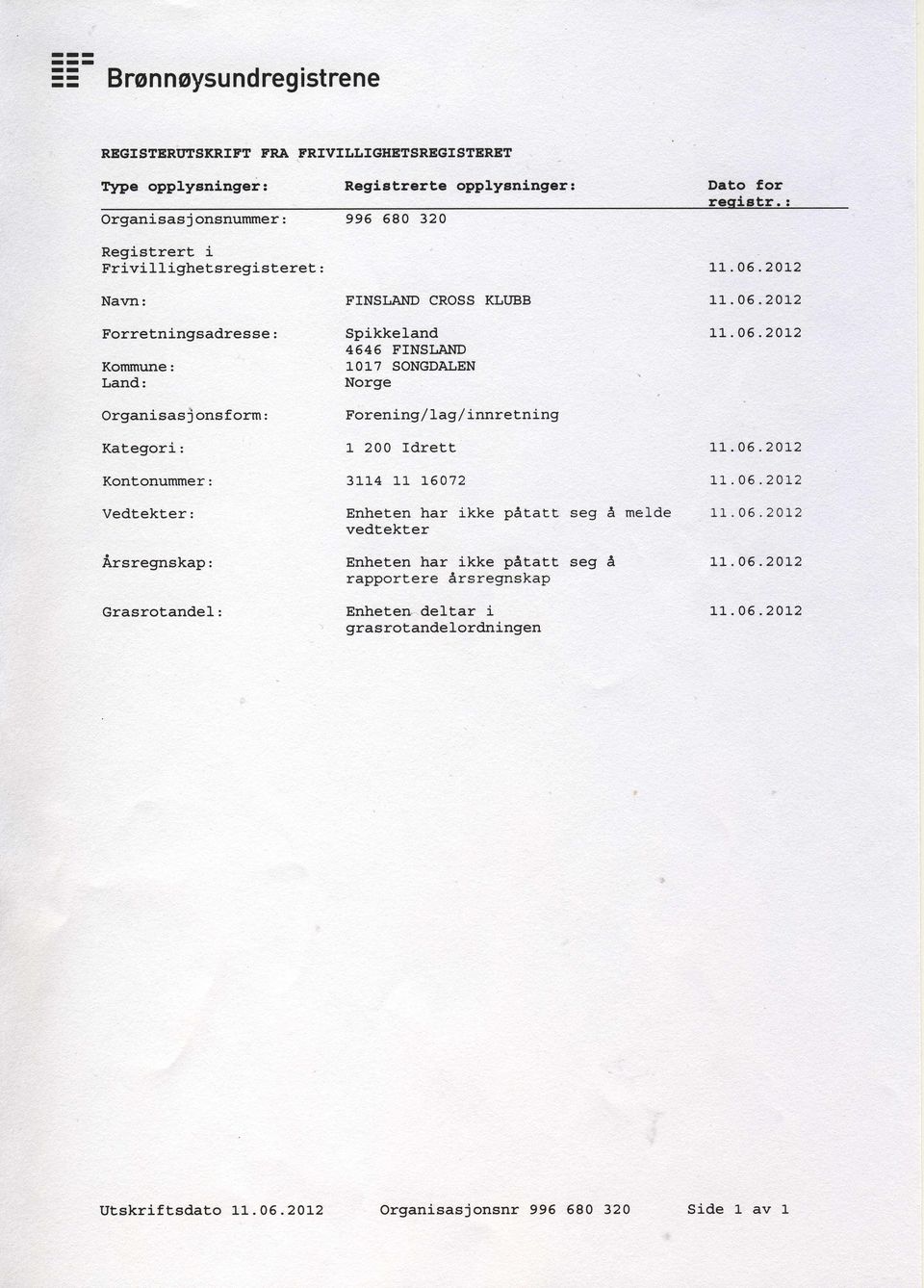 06.20L2 organisasj onsform: Forening/1ag/ innretning Kategori: Kontonummer: 1 200 ldrett 31_l_4 L1_ ].6072 11.06.20L2 11.05.