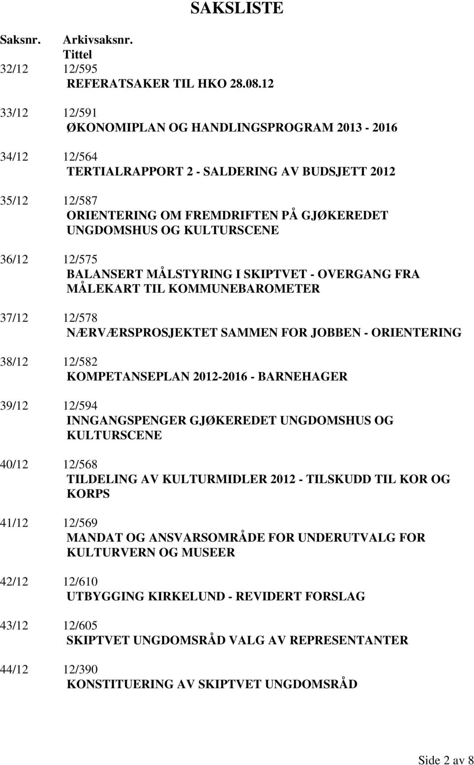 36/12 12/575 BALANSERT MÅLSTYRING I SKIPTVET - OVERGANG FRA MÅLEKART TIL KOMMUNEBAROMETER 37/12 12/578 NÆRVÆRSPROSJEKTET SAMMEN FOR JOBBEN - ORIENTERING 38/12 12/582 KOMPETANSEPLAN 2012-2016 -