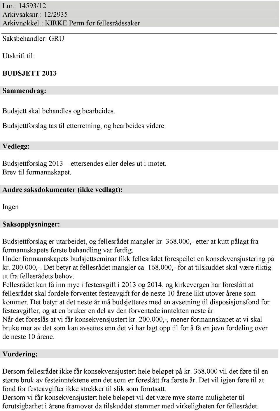 Andre saksdokumenter (ikke vedlagt): Ingen Saksopplysninger: Budsjettforslag er utarbeidet, og fellesrådet mangler kr. 368.000,- etter at kutt pålagt fra formannskapets første behandling var ferdig.