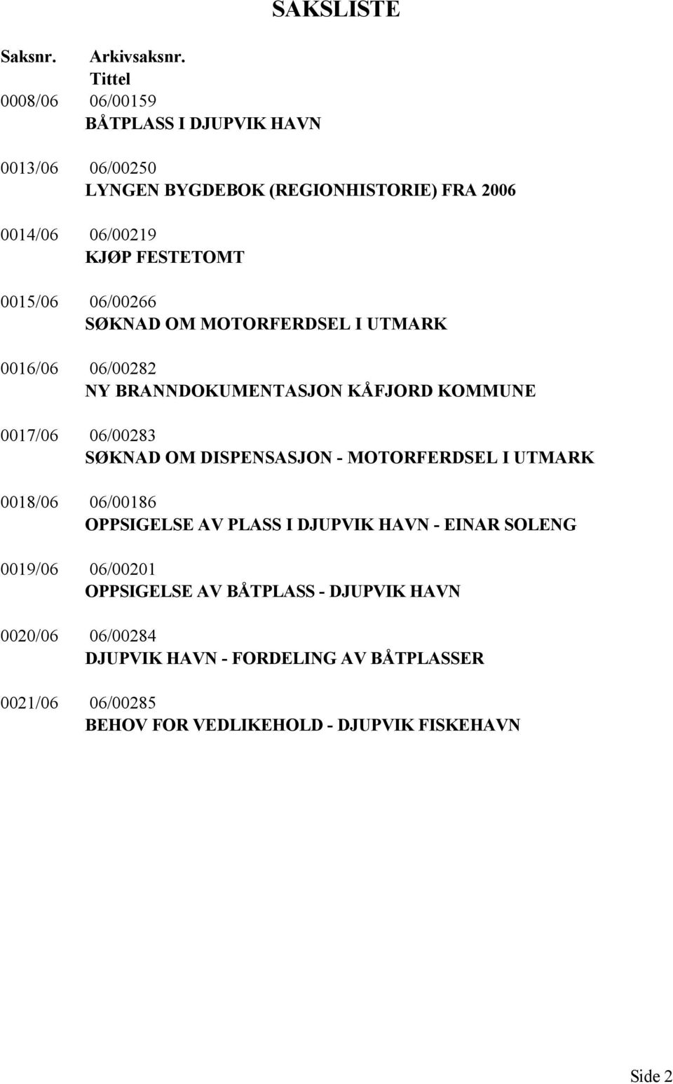 FESTETOMT 0015/06 06/00266 SØKNAD OM MOTORFERDSEL I UTMARK 0016/06 06/00282 NY BRANNDOKUMENTASJON KÅFJORD KOMMUNE 0017/06 06/00283 SØKNAD OM