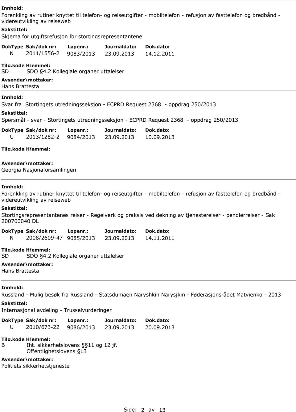 2 Kollegiale organer uttalelser Hans Brattesta Svar fra Stortingets utredningsseksjon - ECPRD Request 2368 - oppdrag 250/2013 Spørsmål - svar - Stortingets utredningsseksjon - ECPRD Request 2368 -