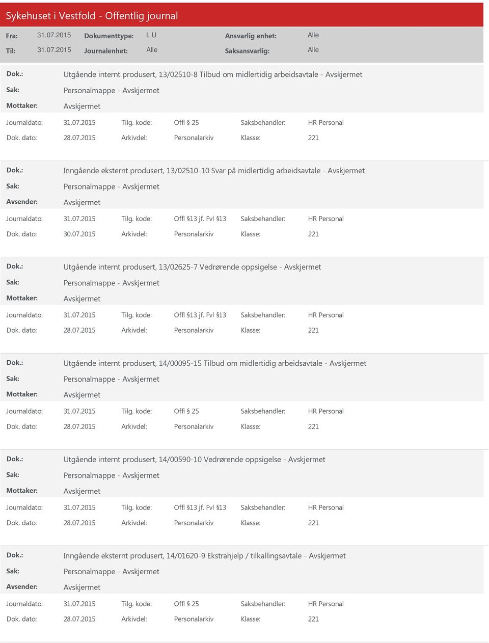 2015 Arkivdel: Personalarkiv tgående internt produsert, 13/02625-7 Vedrørende oppsigelse - Personalmappe - Dok. dato: 28.07.