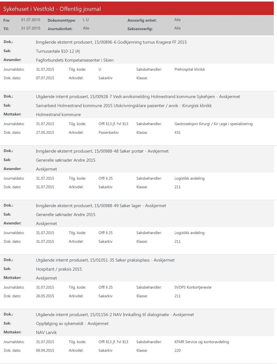 avviksmelding Holmestrand kommune Sykehjem - Samarbeid Holmestrand kommune 2015 tskrivningsklare pasienter / avvik - Kirurgisk klinikk Holmestrand kommune Gastroseksjon Kirurgi / Kir Lege i