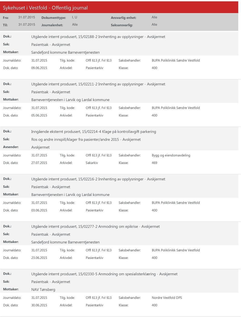 2015 Arkivdel: Pasientarkiv Inngående eksternt produsert, 15/04-4 Klage på kontrollavgift parkering Ros og andre innspill/klager fra pasienter/andre 2015 - Bygg og eiendomavdeling Dok. dato: 27.07.