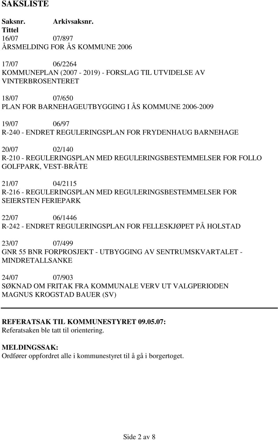 19/07 06/97 R-240 - ENDRET REGULERINGSPLAN FOR FRYDENHAUG BARNEHAGE 20/07 02/140 R-210 - REGULERINGSPLAN MED REGULERINGSBESTEMMELSER FOR FOLLO GOLFPARK, VEST-BRÅTE 21/07 04/2115 R-216 -