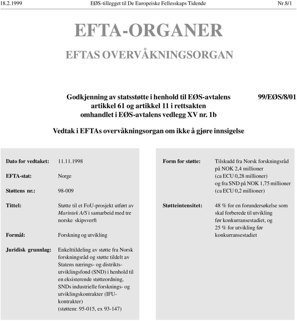 1b 99/EØS/8/01 Vedtak i EFTAs overvåkningsorgan om ikke å gjøre innsigelse Dato for vedtaket: 11.11.1998 EFTA-stat: Norge Støttens nr.