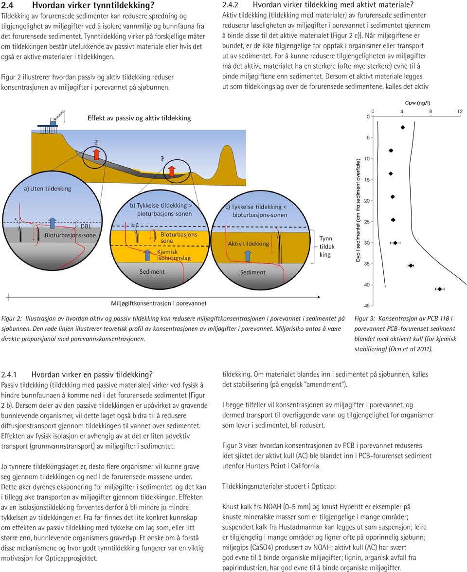Figur 2 illustrerer hvordan passiv og aktiv tildekking reduser konsentrasjonen av miljøgifter i porevannet på sjøbunnen. 2.4.2 Hvordan virker tildekking med aktivt materiale?
