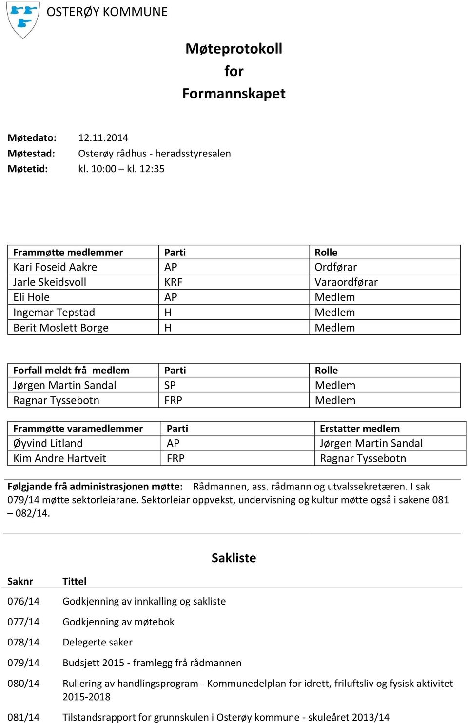 Parti Rolle Jørgen Martin Sandal SP Medlem Ragnar Tyssebotn FRP Medlem Frammøtte varamedlemmer Parti Erstatter medlem Øyvind Litland AP Jørgen Martin Sandal Kim Andre Hartveit FRP Ragnar Tyssebotn