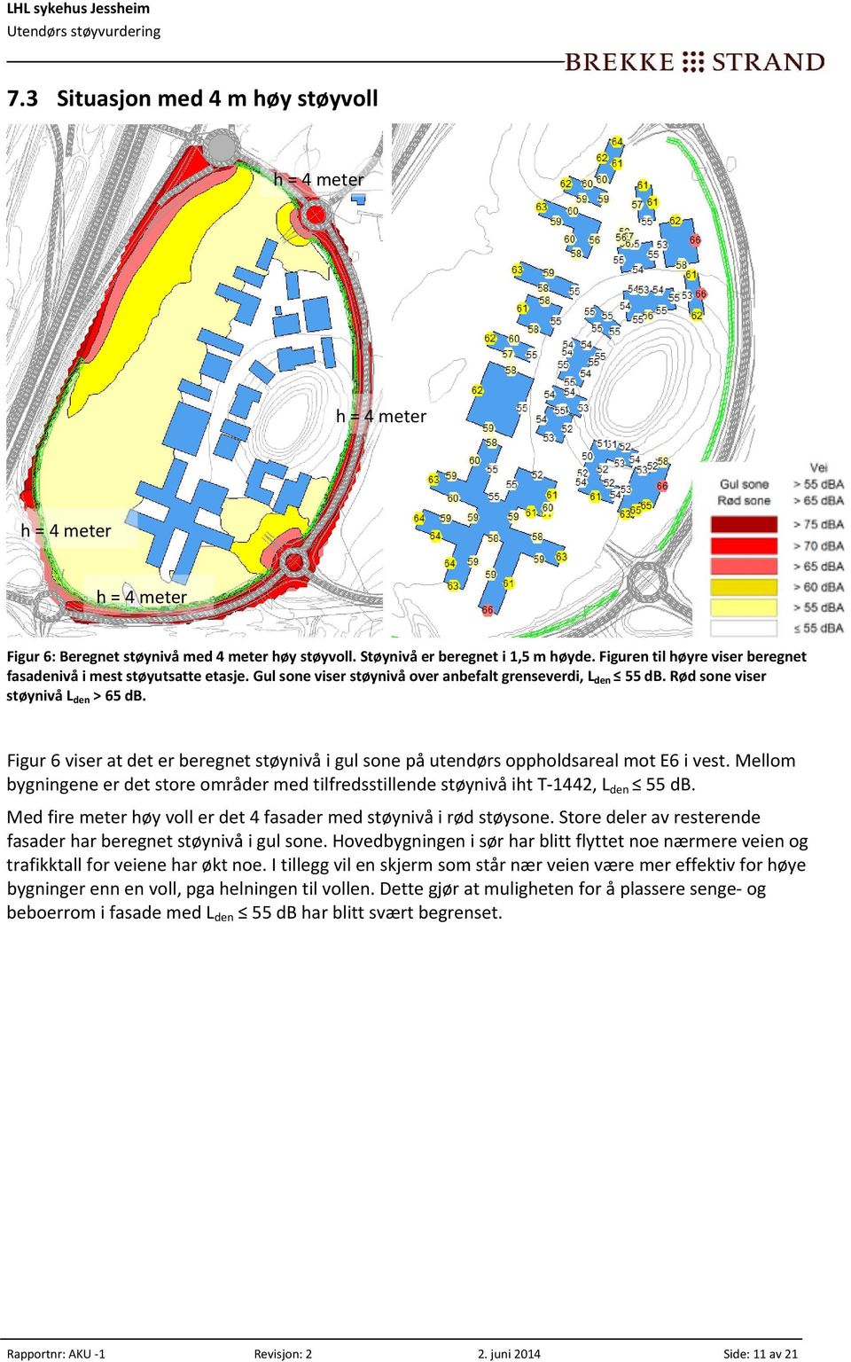 Figur 6 viser at det er beregnet støynivå i gul sone på utendørs oppholdsareal mot E6 i vest. Mellom bygningene er det store områder med tilfredsstillende støynivå iht T 1442, L den 55 db.