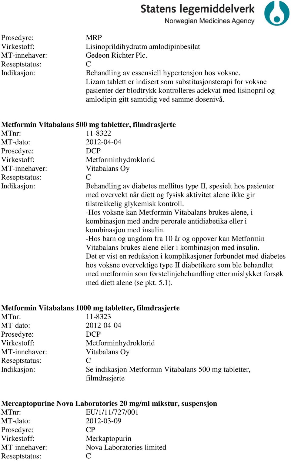 Metformin Vitabalans 500 mg tabletter, filmdrasjerte 11-8322 MT-dato: 2012-04-04 DP Metforminhydroklorid Vitabalans Oy Behandling av diabetes mellitus type II, spesielt hos pasienter med overvekt når