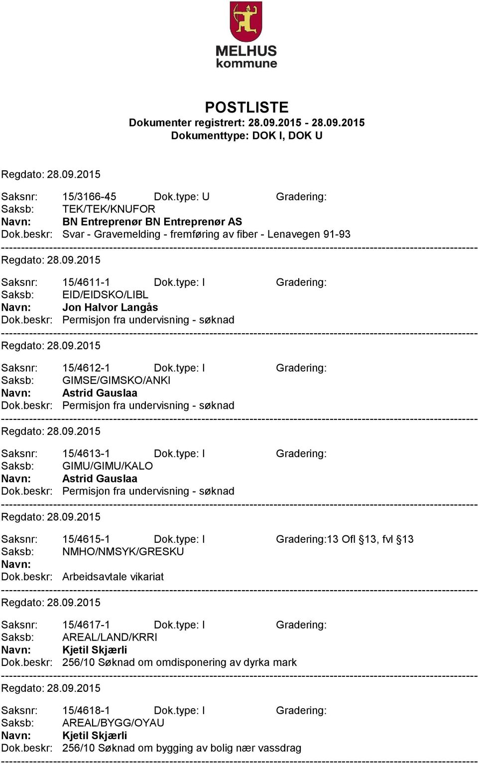 beskr: Permisjon fra undervisning - søknad Saksnr: 15/4613-1 Dok.type: I Gradering: Saksb: GIMU/GIMU/KALO Astrid Gauslaa Dok.beskr: Permisjon fra undervisning - søknad Saksnr: 15/4615-1 Dok.