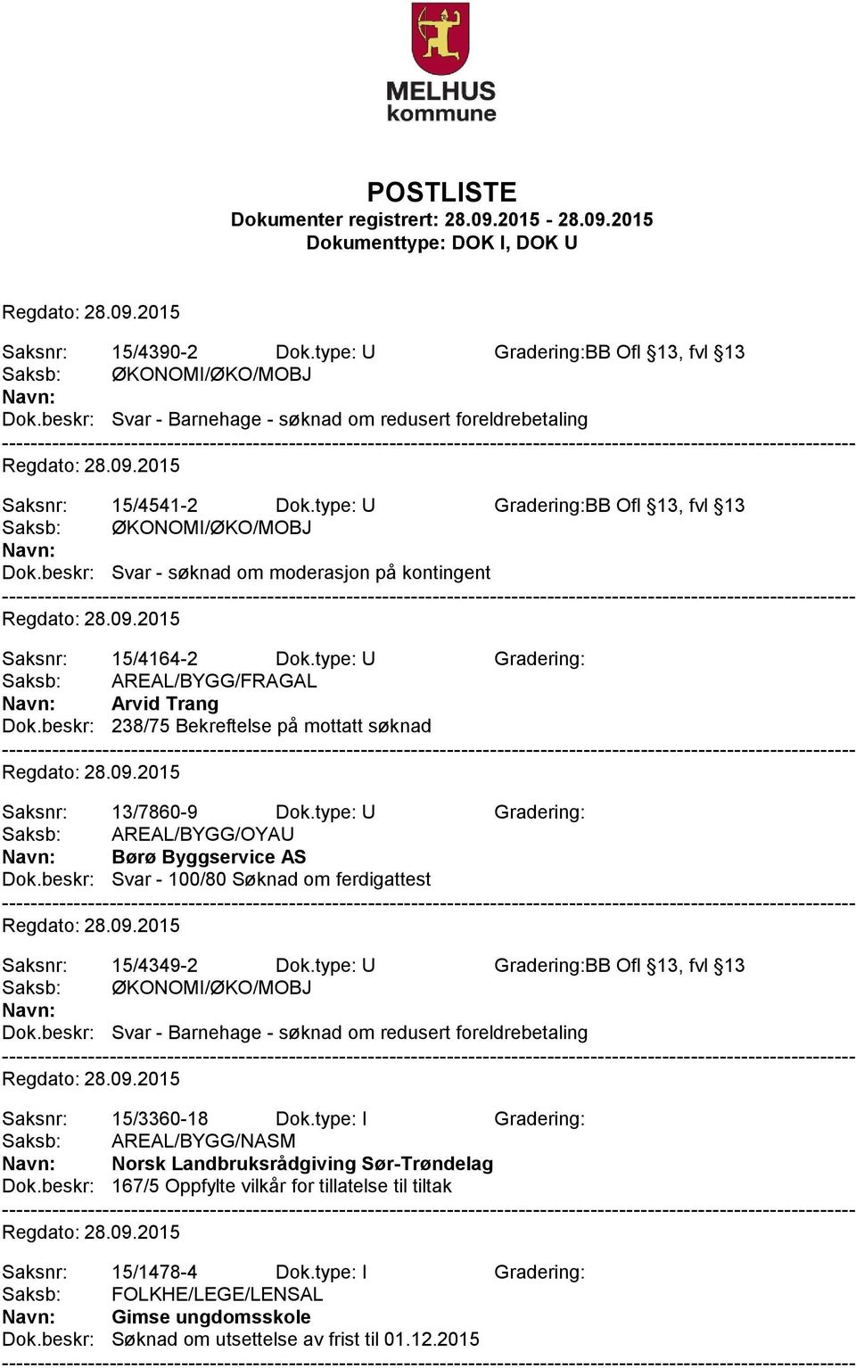 beskr: Svar - 100/80 Søknad om ferdigattest Saksnr: 15/4349-2 Dok.type: U Gradering:BB Ofl 13, fvl 13 Dok.beskr: Svar - Barnehage - søknad om redusert foreldrebetaling Saksnr: 15/3360-18 Dok.