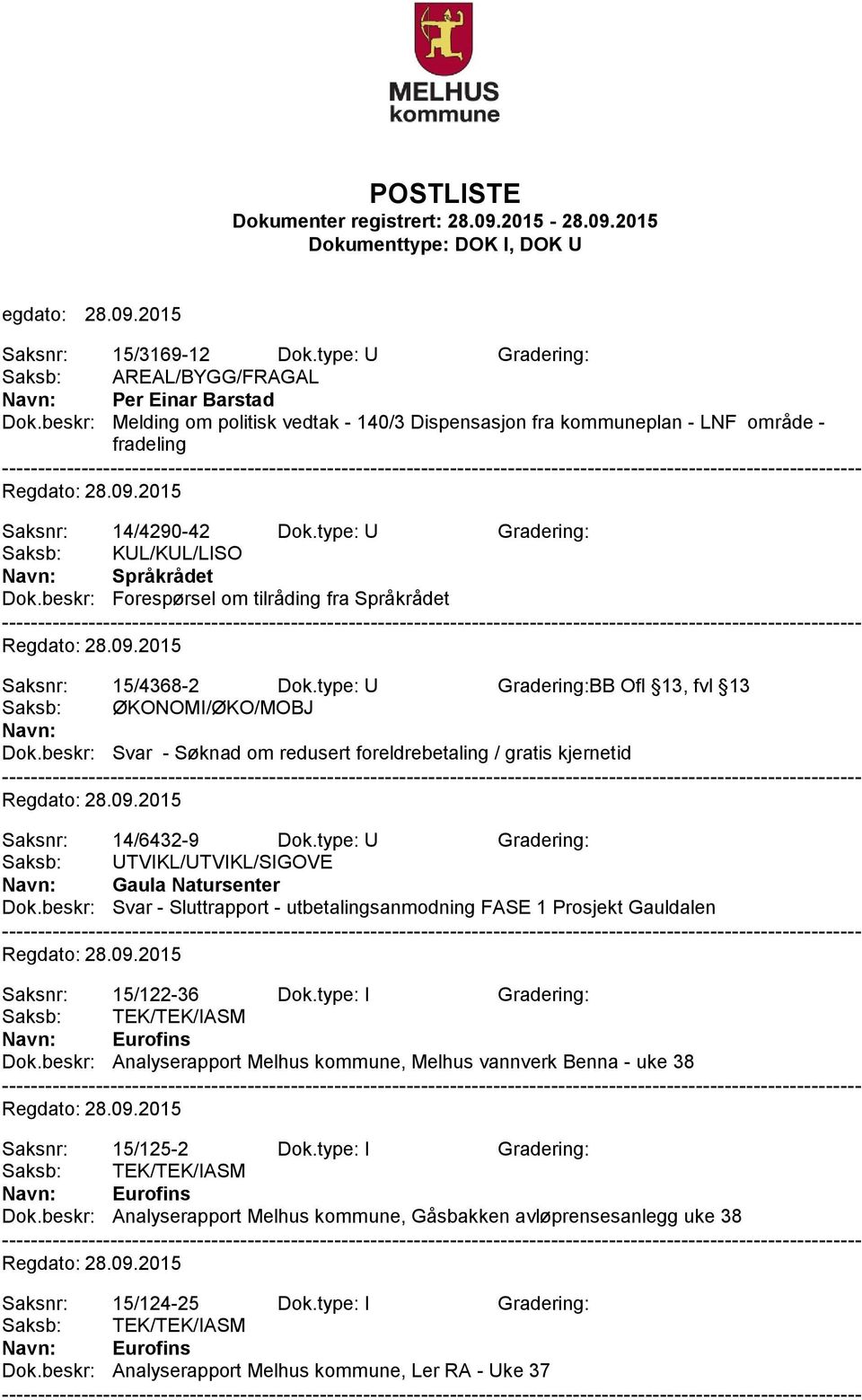 beskr: Forespørsel om tilråding fra Språkrådet Saksnr: 15/4368-2 Dok.type: U Gradering:BB Ofl 13, fvl 13 Dok.beskr: Svar - Søknad om redusert foreldrebetaling / gratis kjernetid Saksnr: 14/6432-9 Dok.