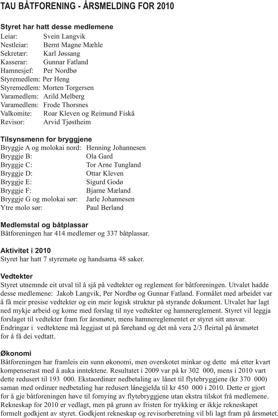 Bryggje A og molokai nord: Henning Johannesen Bryggje B: Ola Gard Bryggje C: Tor Arne Tungland Bryggje D: Ottar Kleven Bryggje E: Sigurd Godø Bryggje F: Bjarne Mæland Bryggje G og molokai sør: Jarle