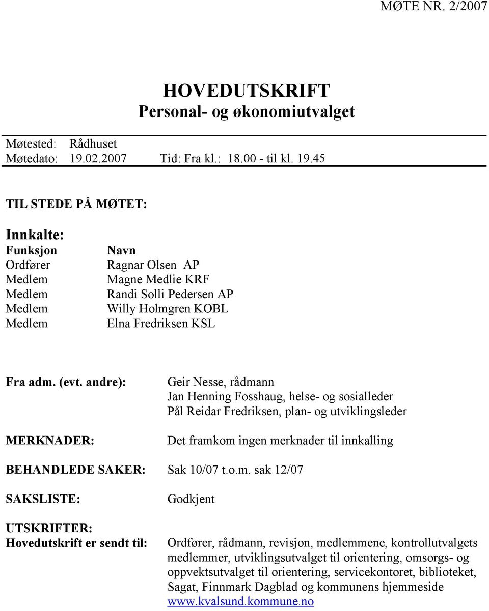 45 TIL STEDE PÅ MØTET: Innkalte: Funksjon Ordfører Medlem Medlem Medlem Medlem Navn Ragnar Olsen AP Magne Medlie KRF Randi Solli Pedersen AP Willy Holmgren KOBL Elna Fredriksen KSL Fra adm. (evt.