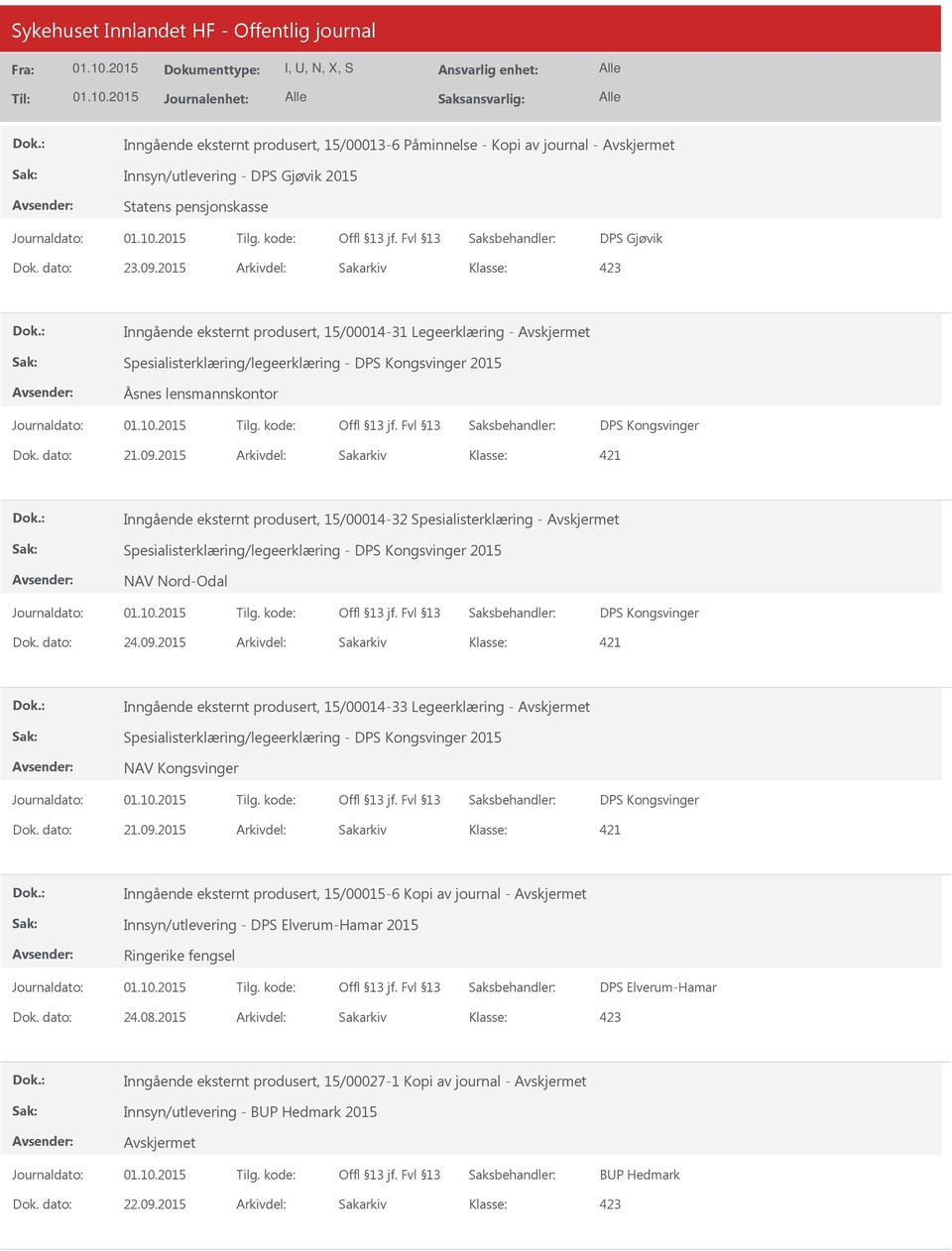2015 Arkivdel: Sakarkiv Inngående eksternt produsert, 15/00014-32 Spesialisterklæring - Spesialisterklæring/legeerklæring - DPS Kongsvinger 2015 NAV Nord-Odal DPS Kongsvinger Inngående eksternt