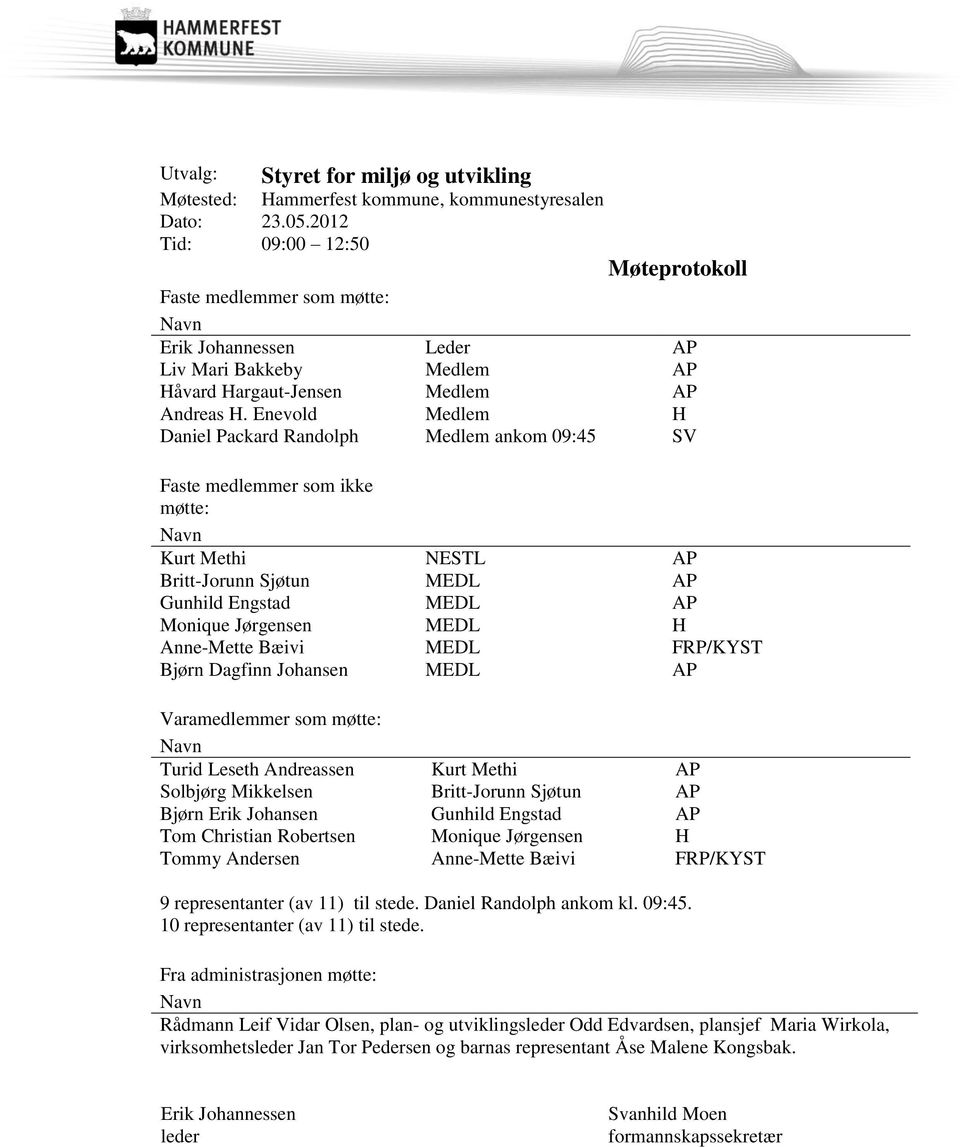 Enevold Medlem H Daniel Packard Randolph Medlem ankom 09:45 SV Faste medlemmer som ikke møtte: Navn Kurt Methi NESTL AP Britt-Jorunn Sjøtun MEDL AP Gunhild Engstad MEDL AP Monique Jørgensen MEDL H