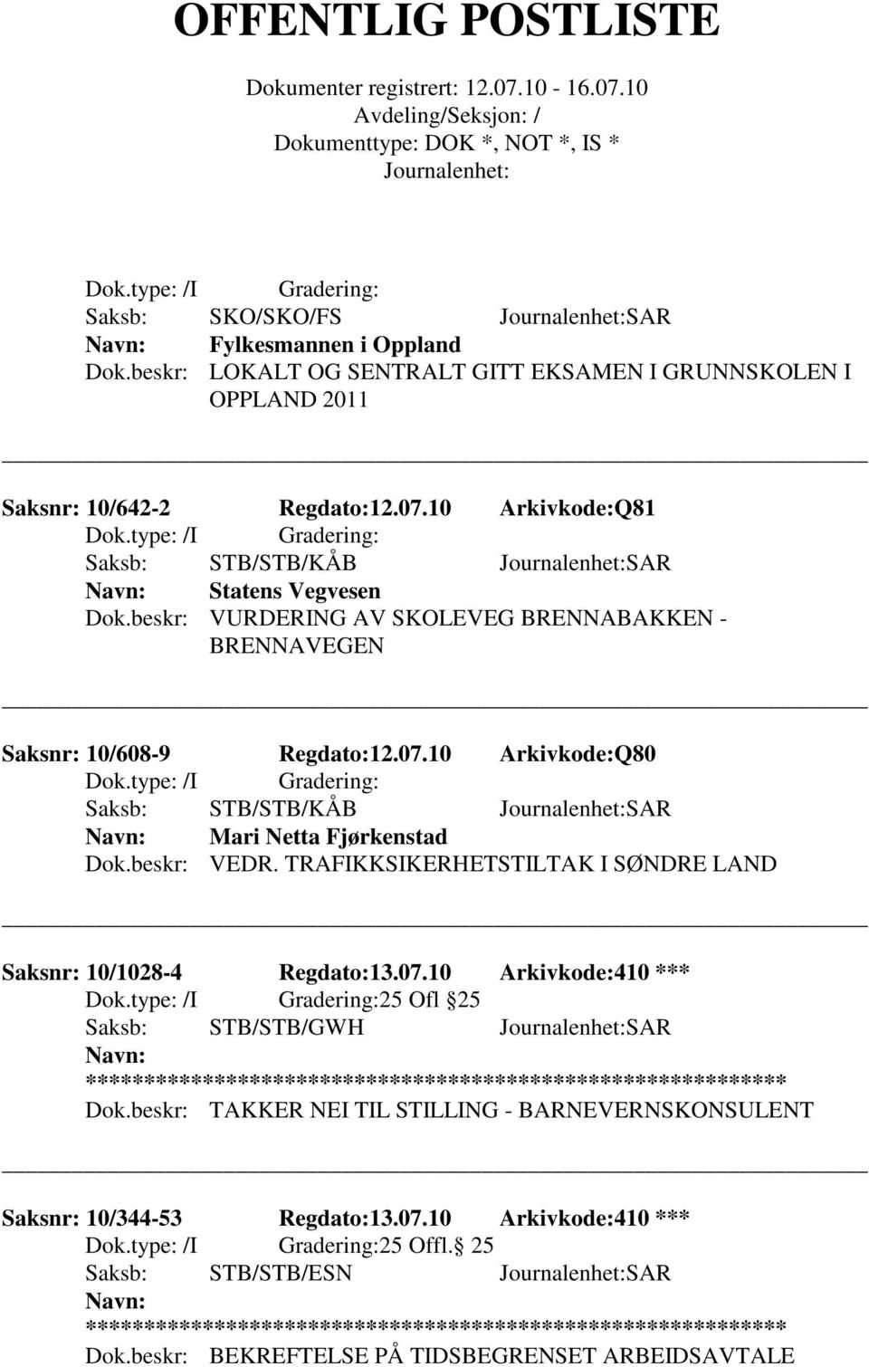 10 Arkivkode:Q80 Saksb: STB/STB/KÅB SAR Mari Netta Fjørkenstad Dok.beskr: VEDR. TRAFIKKSIKERHETSTILTAK I SØNDRE LAND Saksnr: 10/1028-4 Regdato:13.07.